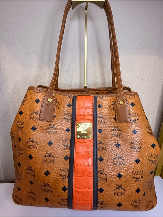 MCM Handbags - MCM Cognac Tote with Orange Center Stripe